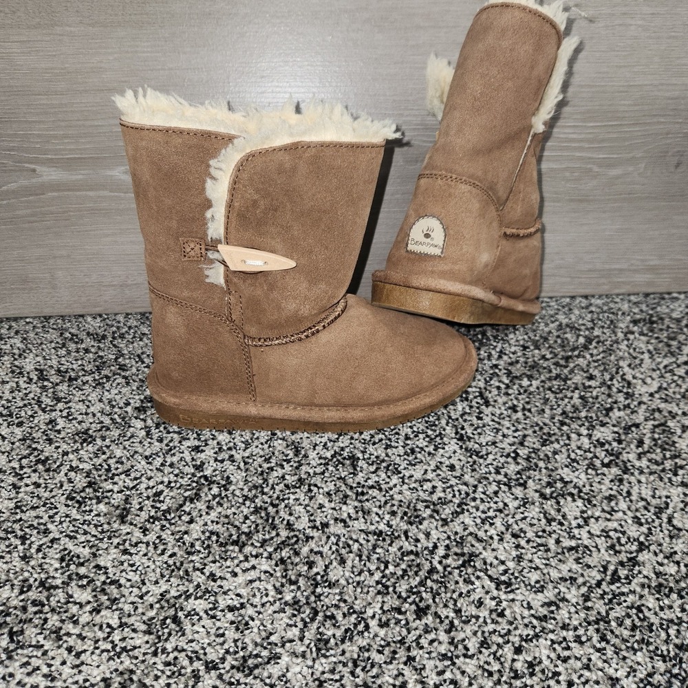 Bearpaw Abigail Youth Child Fuzzy Boots Girls Sz 2 Toggle Side,Brown Tan Warm